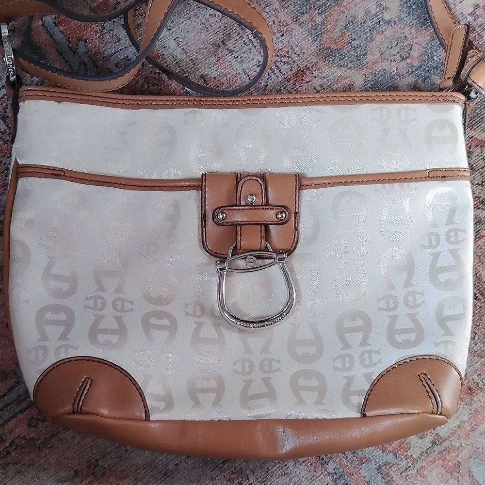 EUC vintage canvas Monogram Etienne Aigner Purse Bag with Leather Buckle Closure